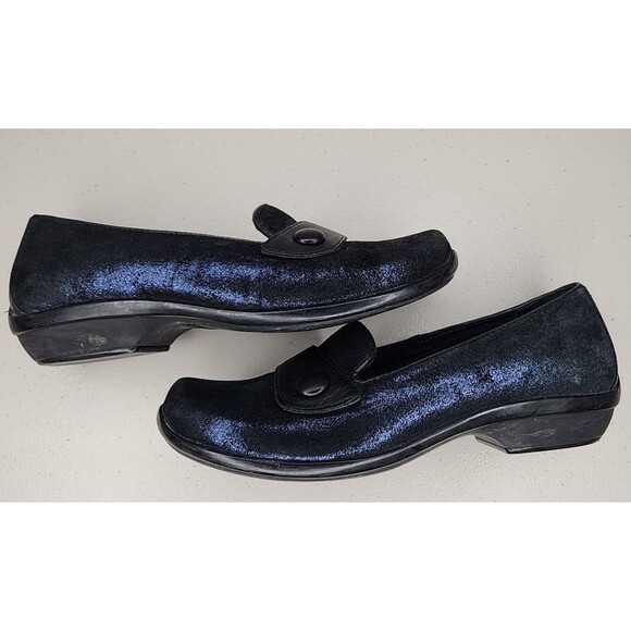 Dansko Olena Women’s 36 Black Leather Blue Metallic Loafer Clogs Flats EUC - Picture 8 of 10